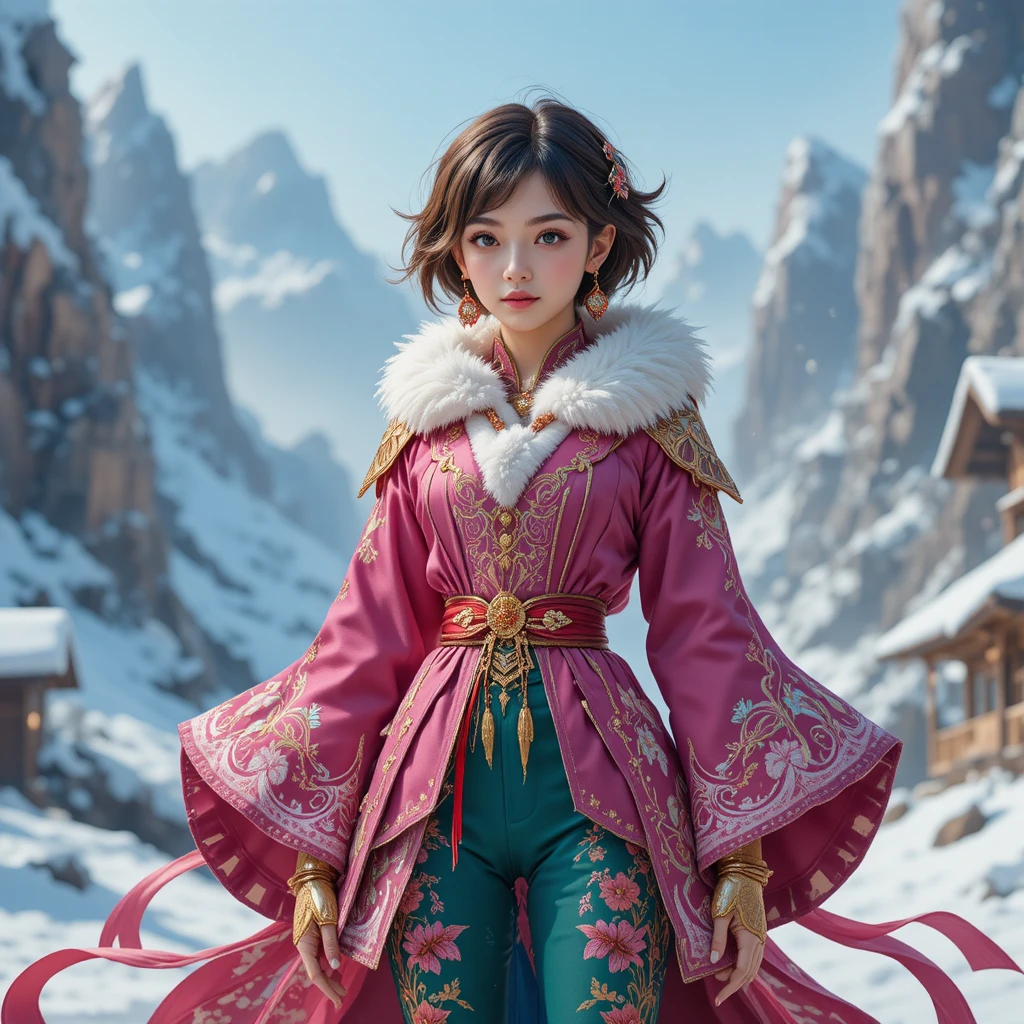 Ragazza fantasy con giacca rosa in un paesaggio innevato