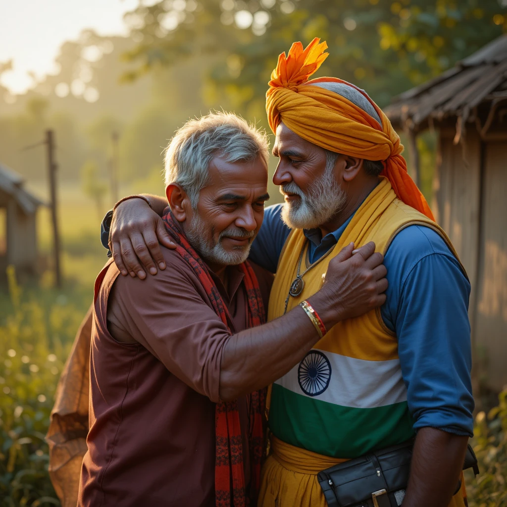 Father hugging son in an emotional village moment
