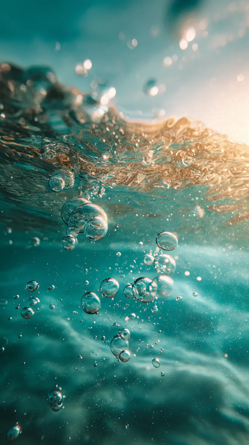 Underwater bubbles rising toward a sunlit ocean surface