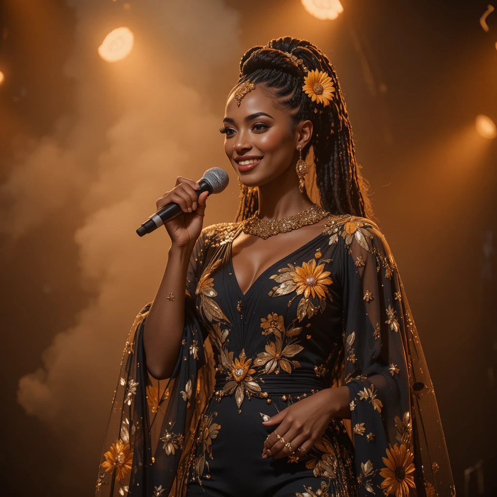Confident singer onstage in black and gold sunflower outfit