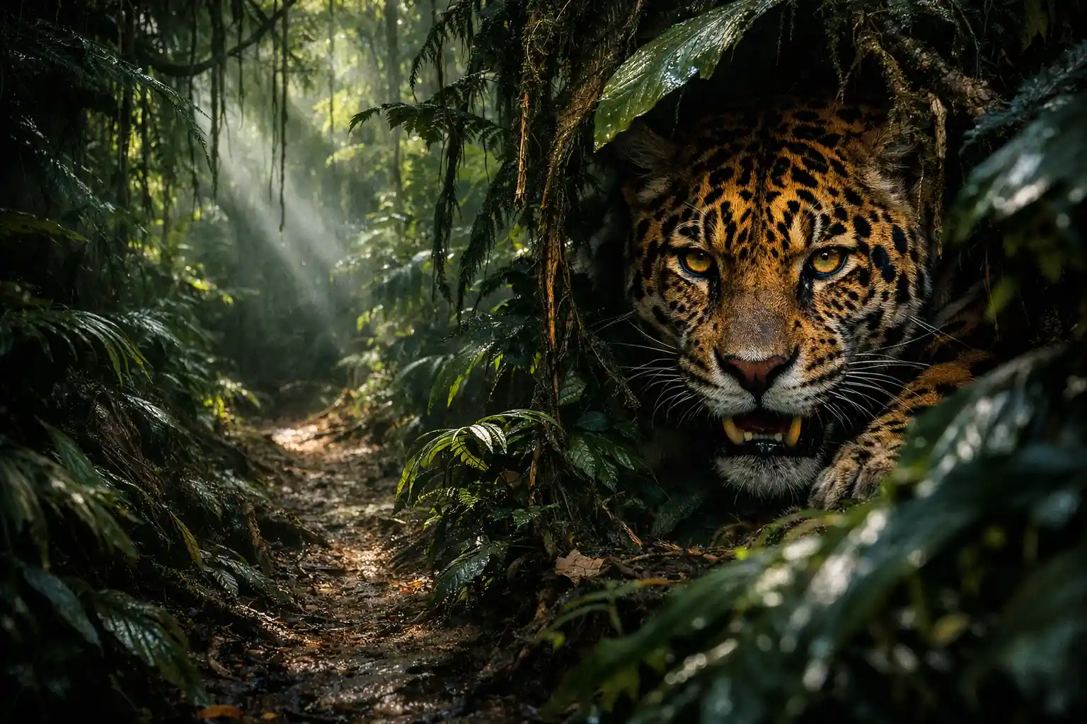 Jaguar stalking along a narrow trail in dense Amazon jungle