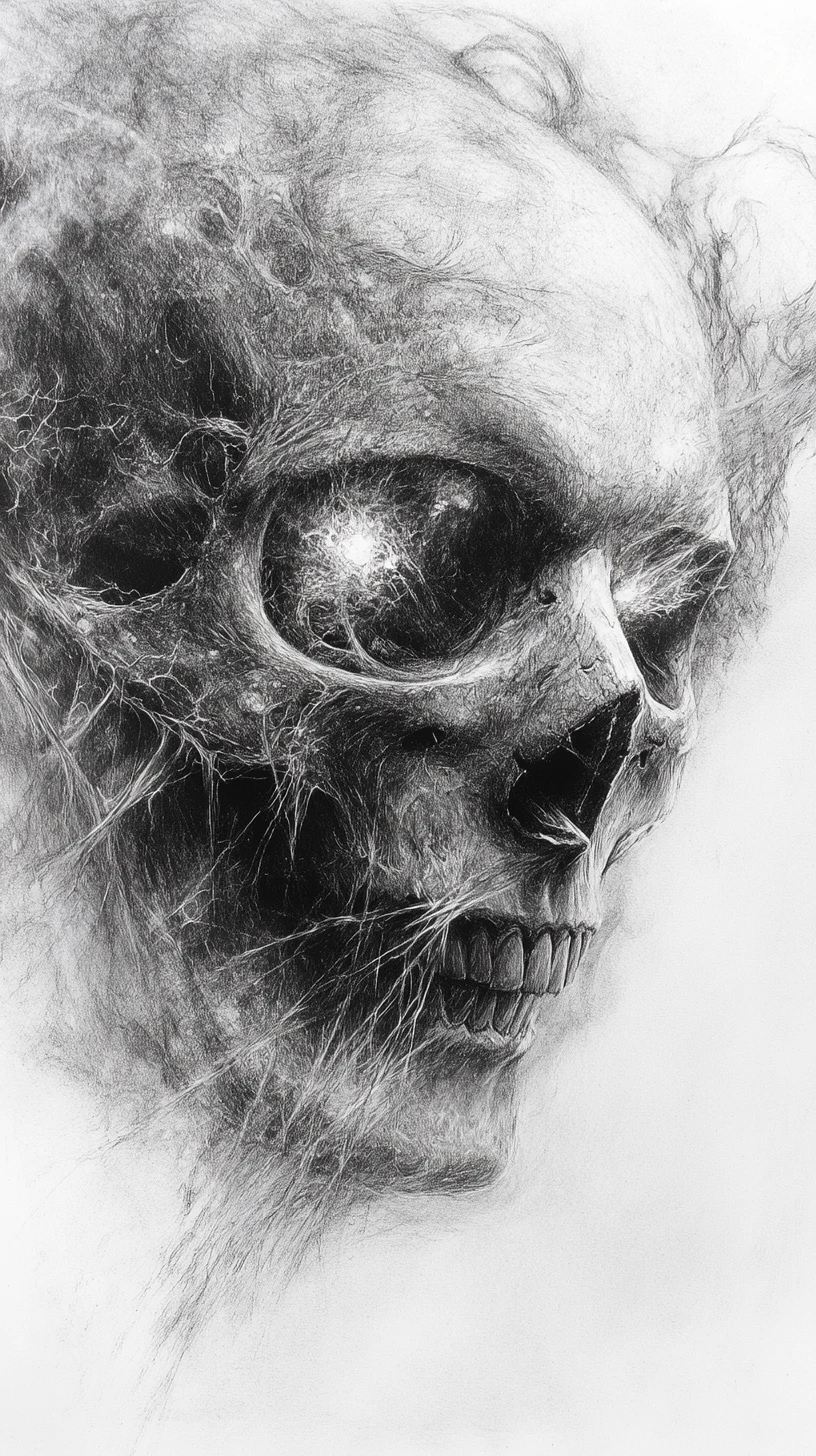 Charcoal skull with glowing eyes in abstract fiery composition