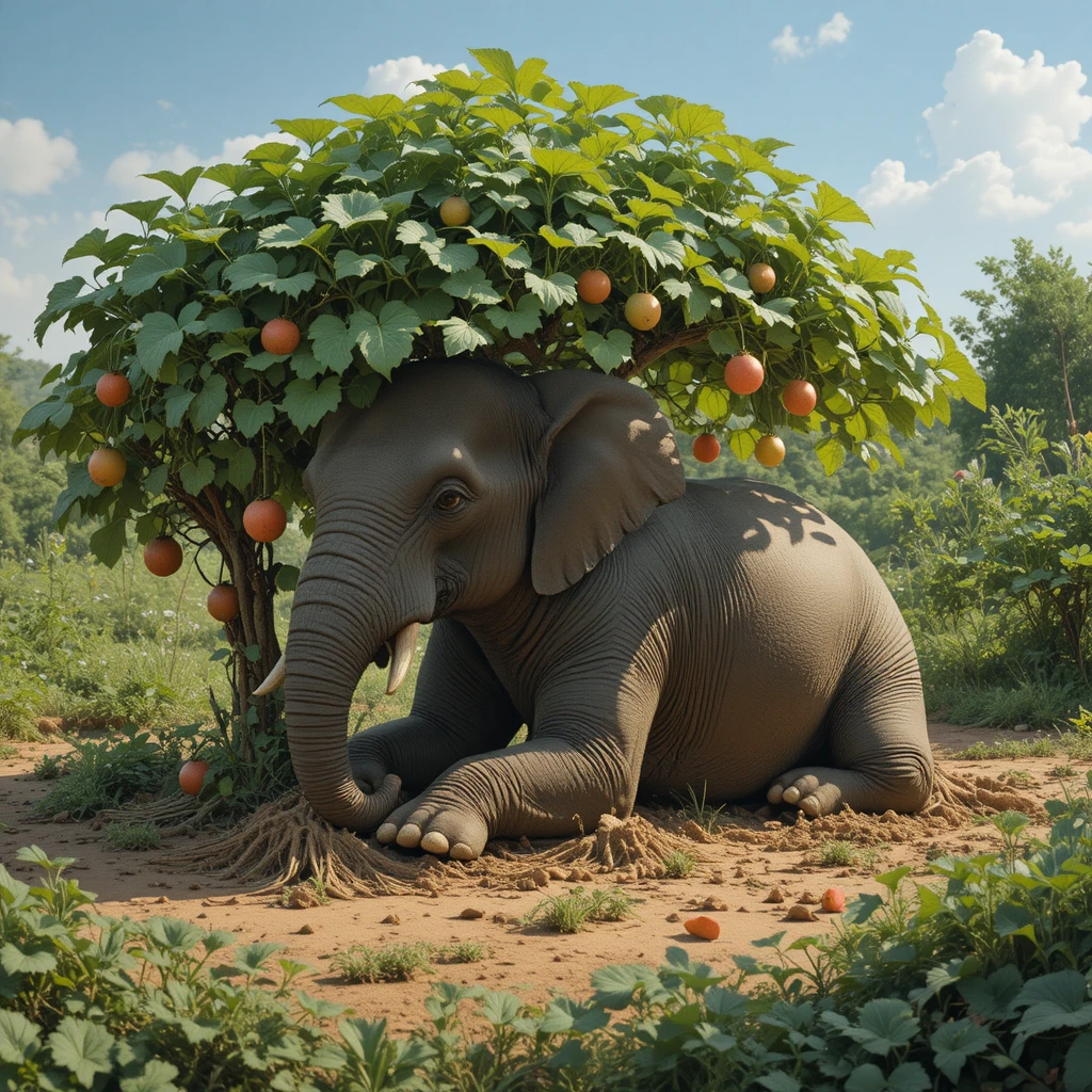 Elefante che riposa all’ombra di una rigogliosa vite di anguria
