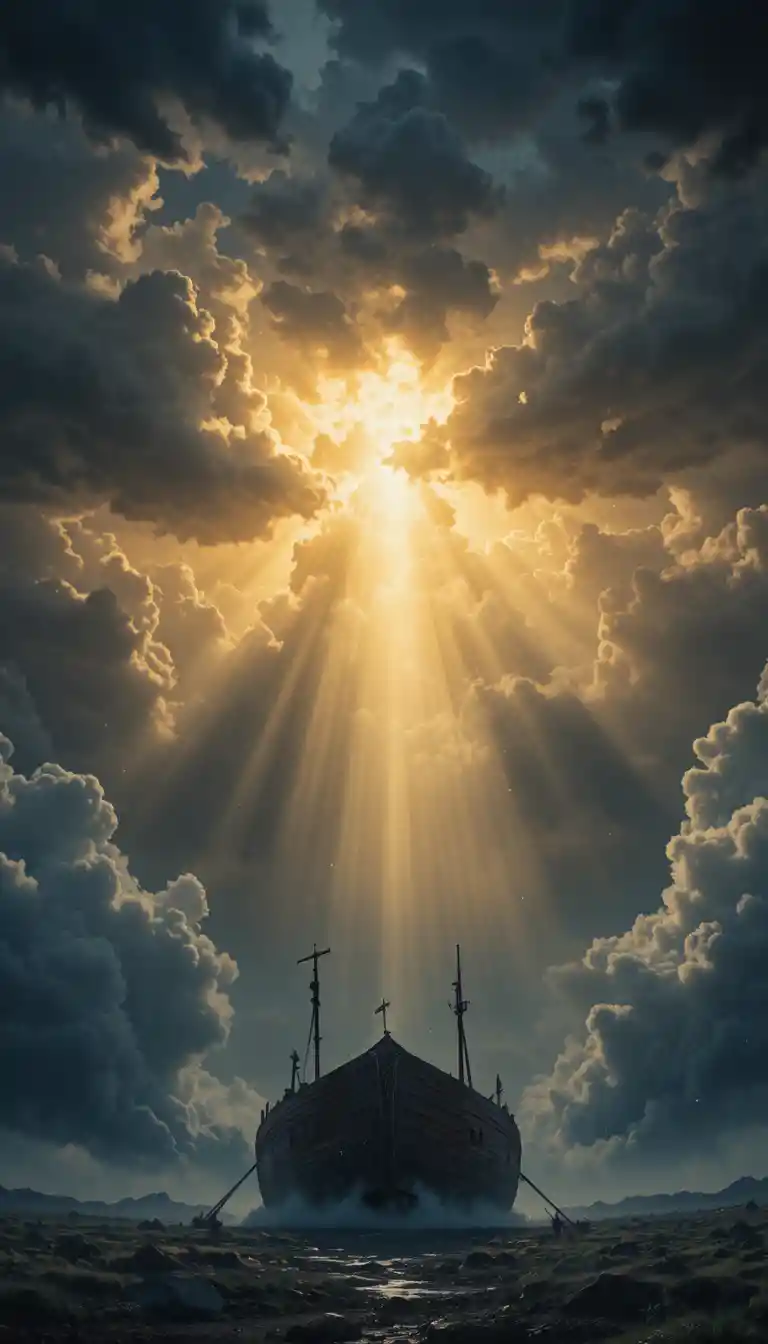 Luce divina che squarcia le nuvole tempestose sopra l'Arca di Noè