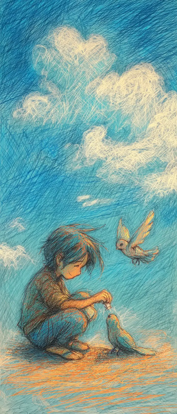 Child bandaging a small sparrow under a gentle sky