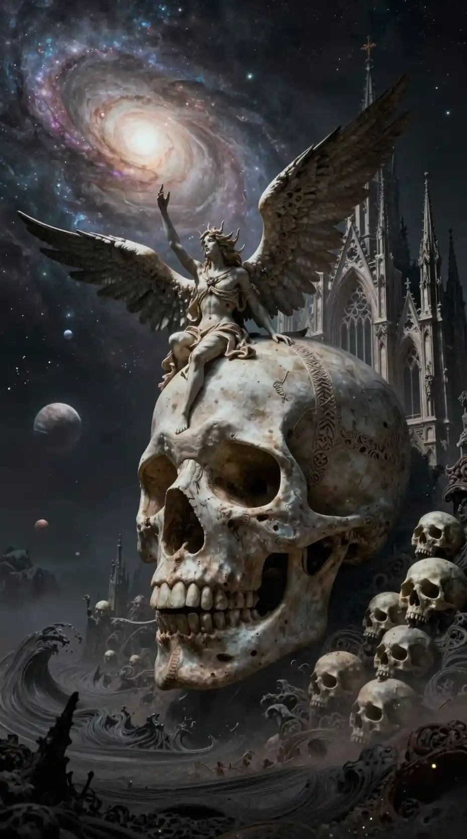Winged figure rising from a colossal gothic skull