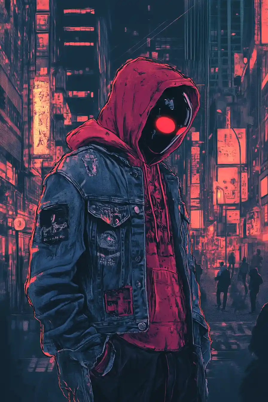 Stylized snail in red hoodie against neon futuristic cityscape