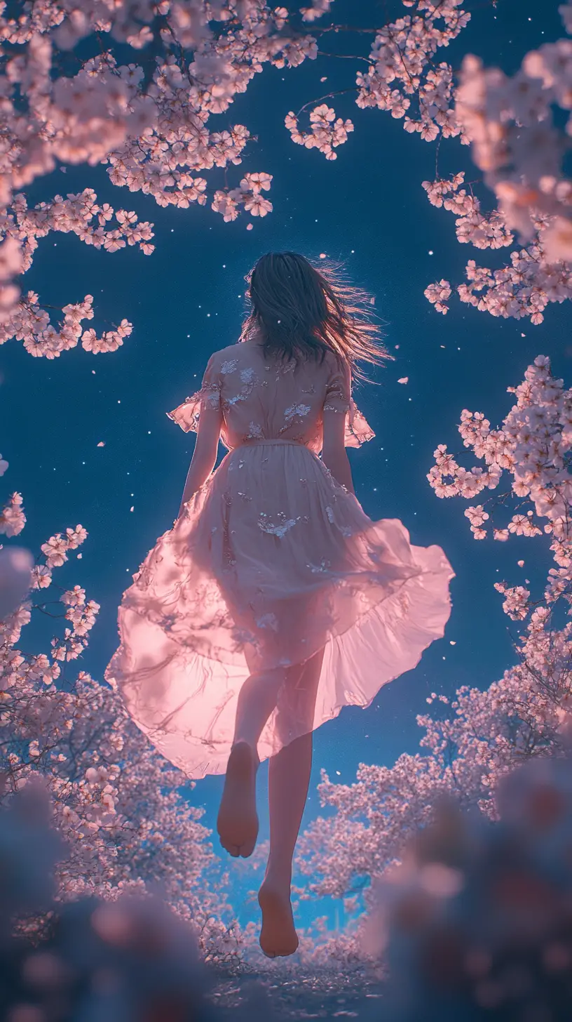 Young woman under a blooming cherry tree at night