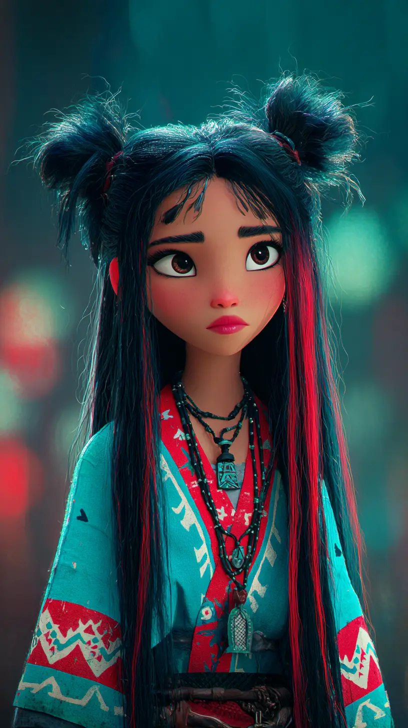 Pixar style close up portrait of girl in turquoise kimono