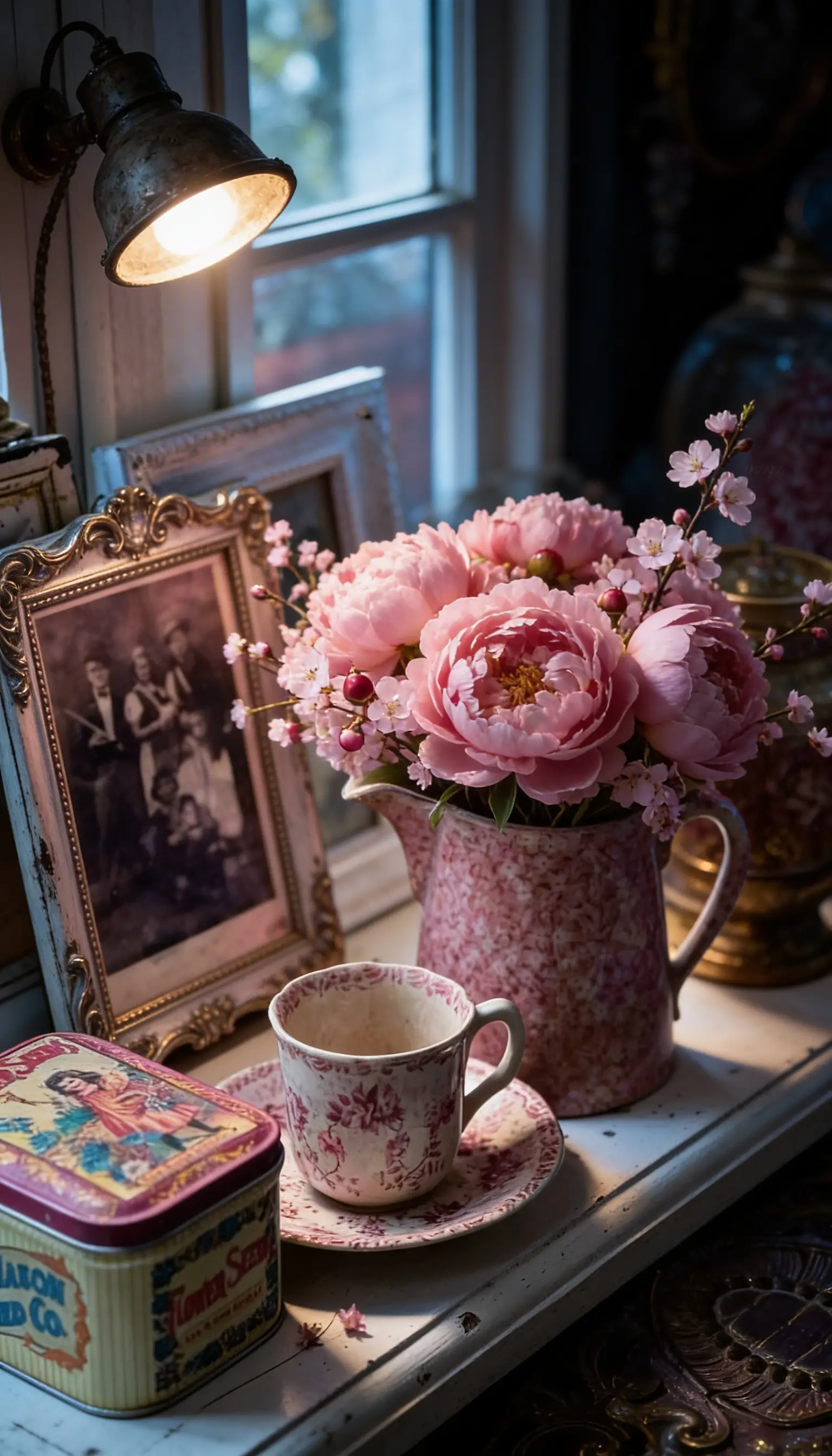 Vintage still life with pink peonies in a pitcher, a teacup, and old photos by a window.