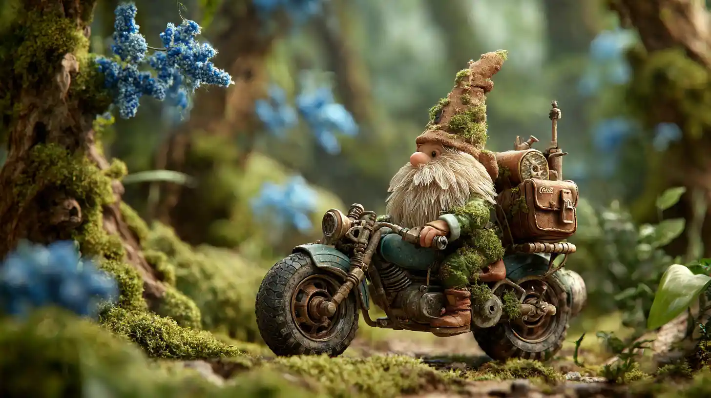 Gnomo Montando una Moto Steampunk en un Bosque Ancestral