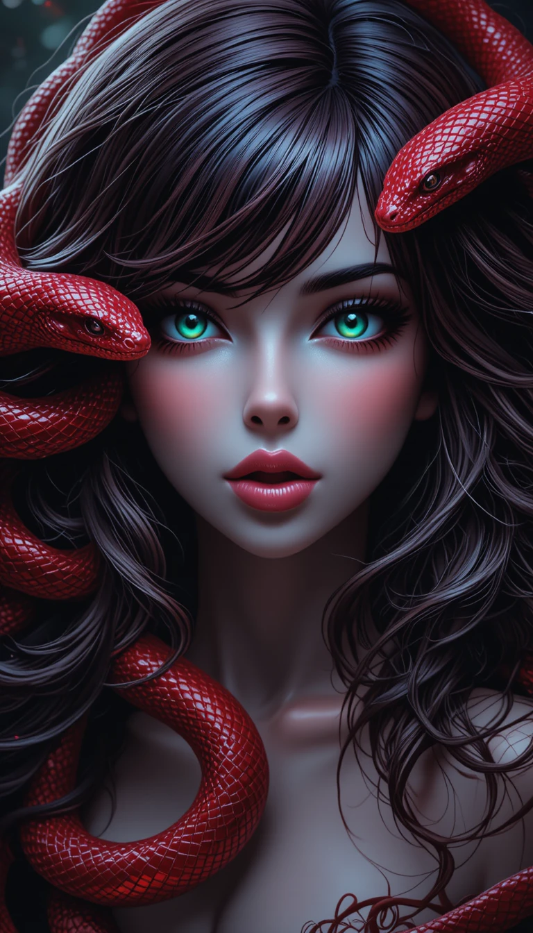 Mujer Medusa rodeada por tres serpientes rojas resplandecientes