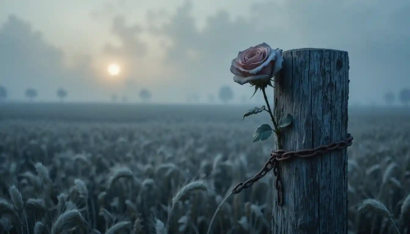 Rusty chain bound rose beside post in wheat field