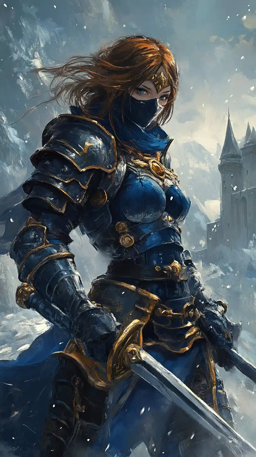Close up anime warrior woman with blue fantasy armor