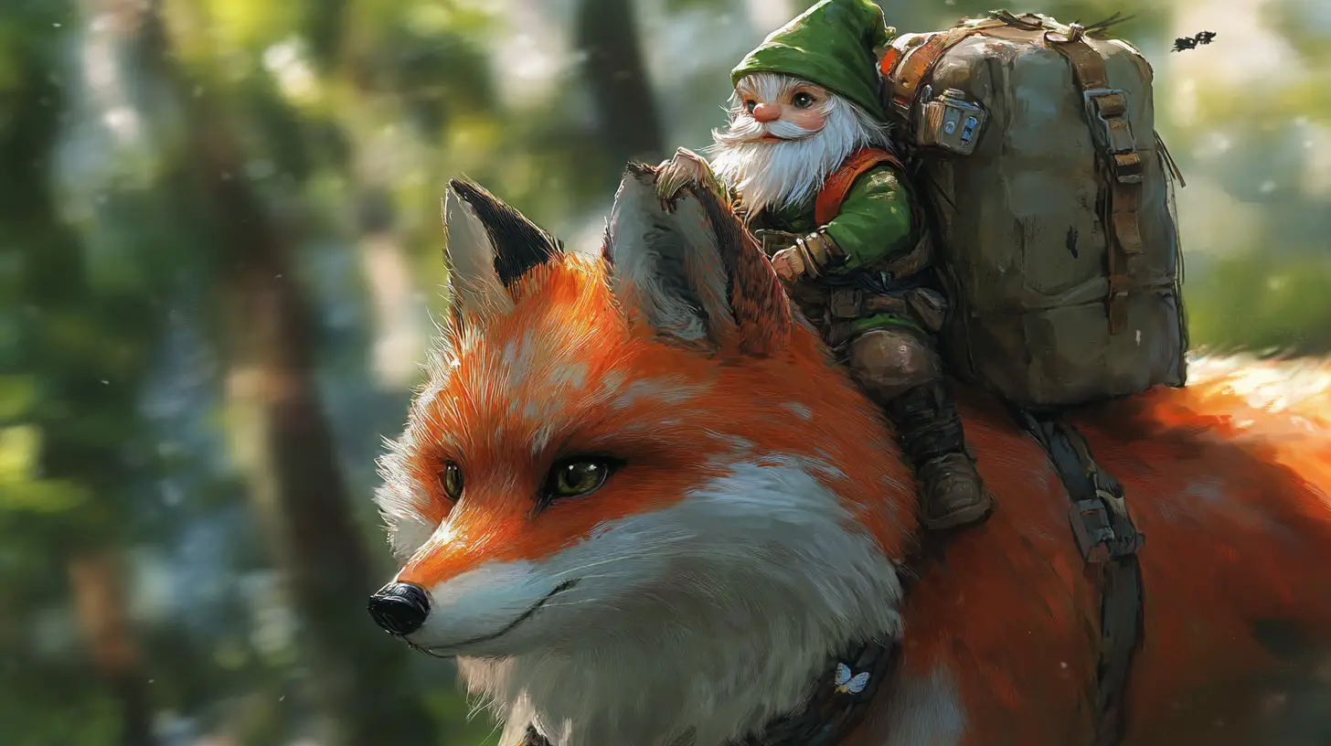 Tiny gnome riding a large fox with backpack