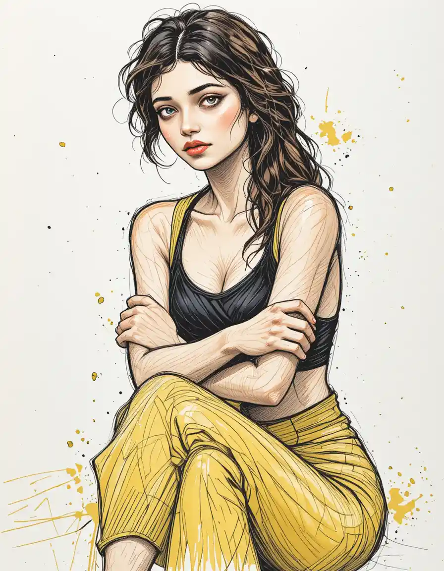 Ritratto mixed media di una giovane donna sicura di sé con giacca gialla