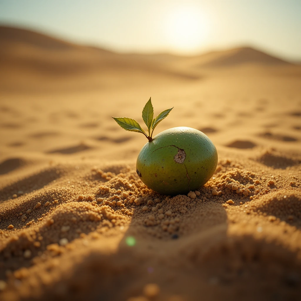 Close up mango seedling struggling on hot desert sand