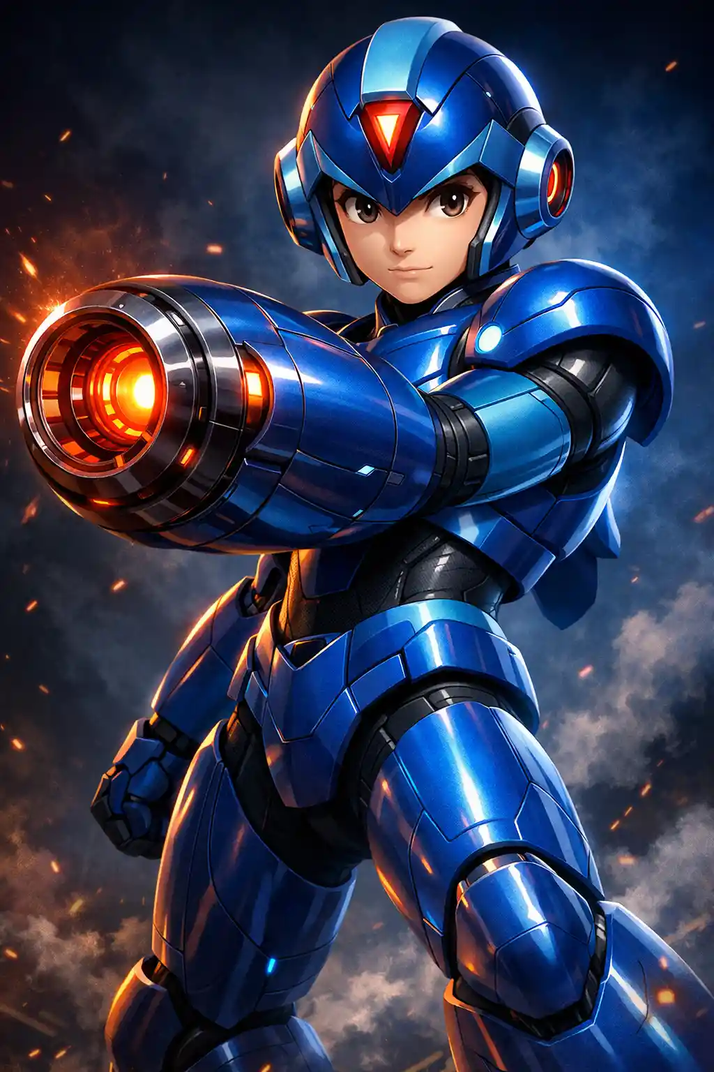 Guerriero androide blu futuristico con cannone da braccio luminoso