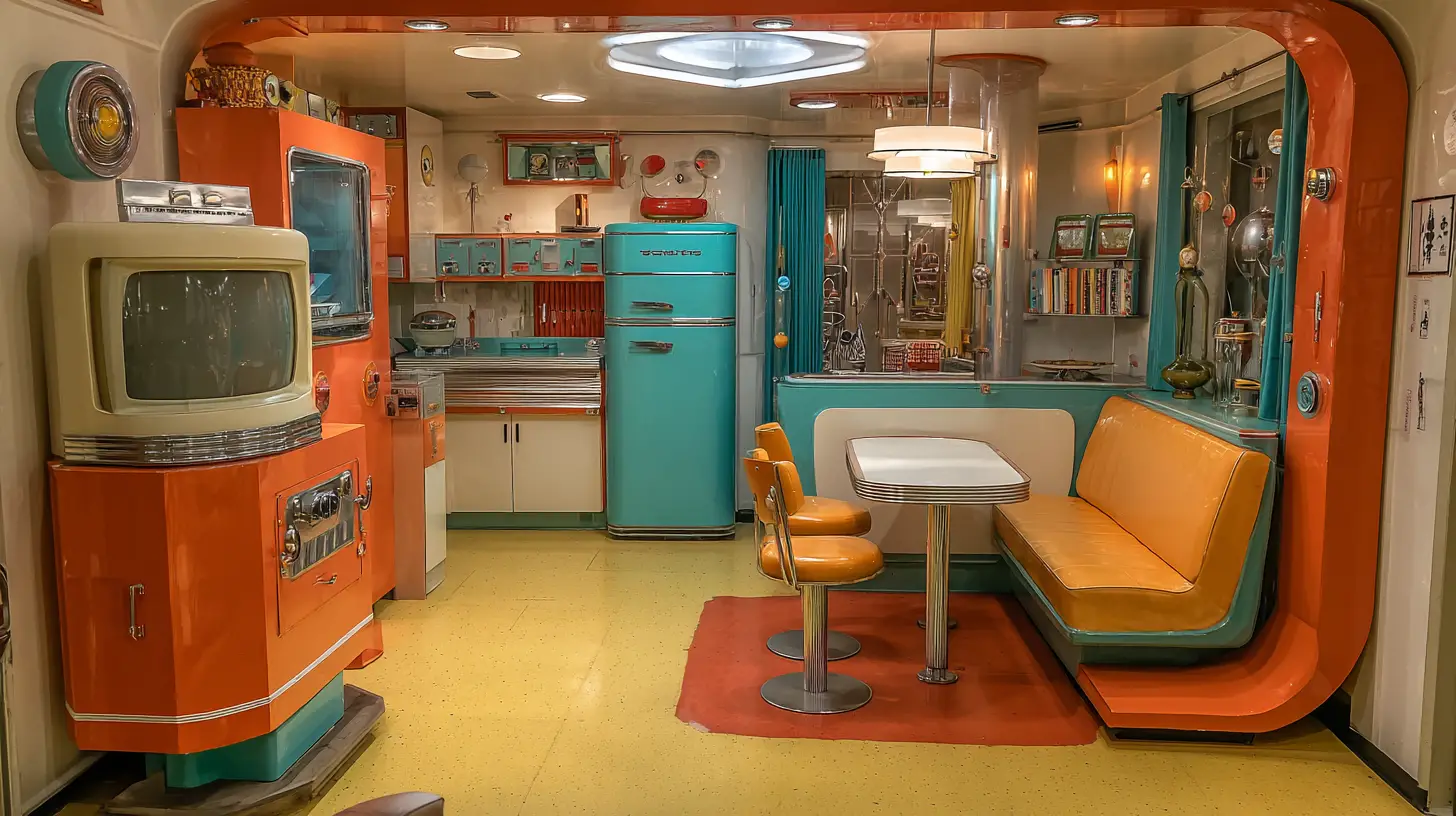 Retro futuristic house interior with diner style gadgets