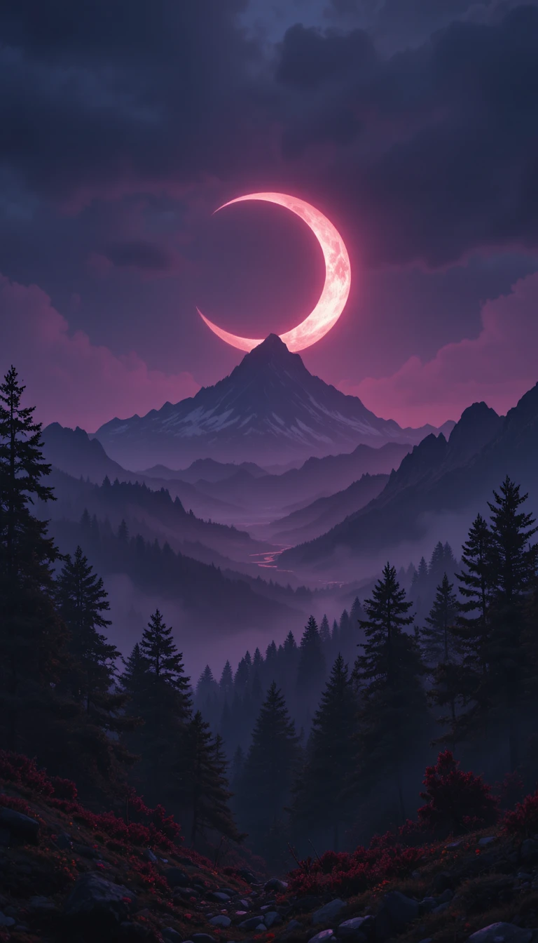 Paisaje montañoso oscuro bajo una enorme luna creciente brillante
