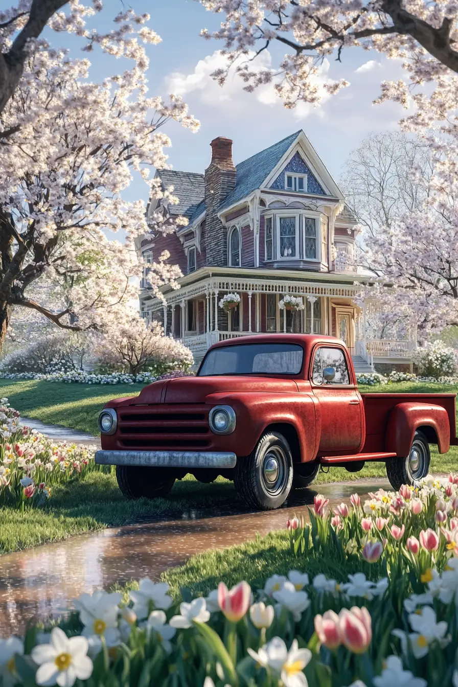 Red pickup truck by victorian farmhouse in spring
