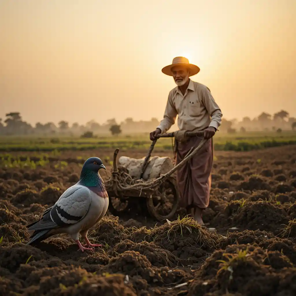 Granjero Arando el Campo Junto a una Paloma Herida al Atardecer