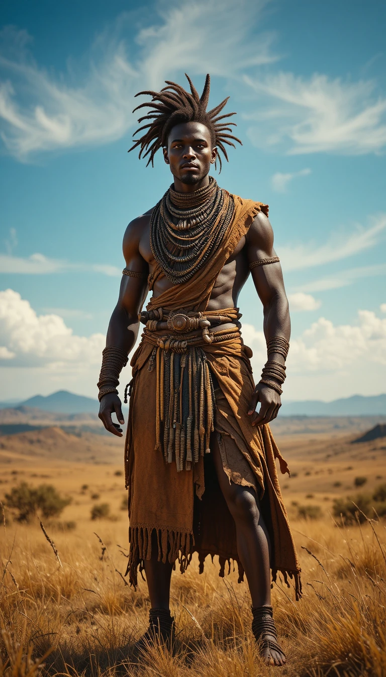 Afrikanischer Krieger steht stolz auf sonnenbeschienenen Savannenhügeln