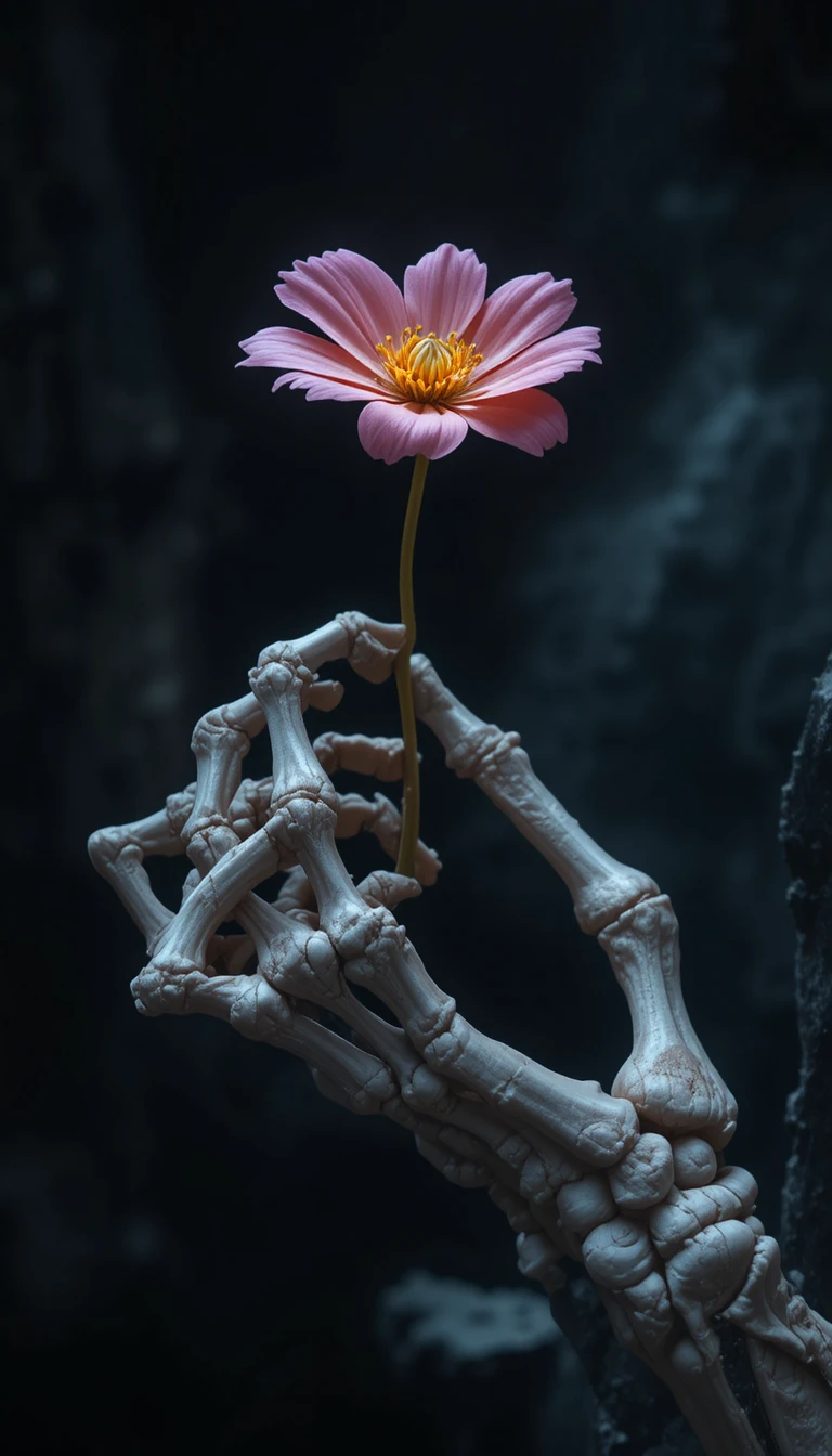 Skeleton hand holding a single flower in dramatic light