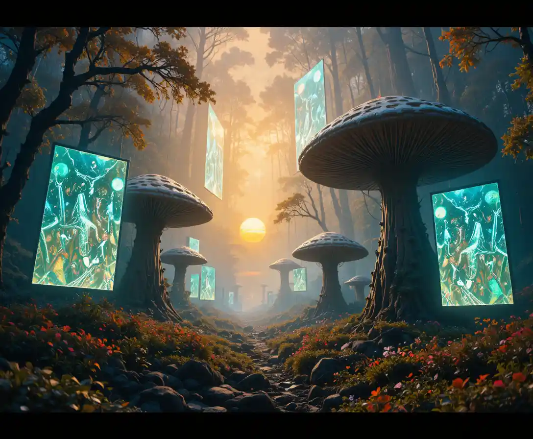Epic glowing mushroom forest under rising golden sunlight