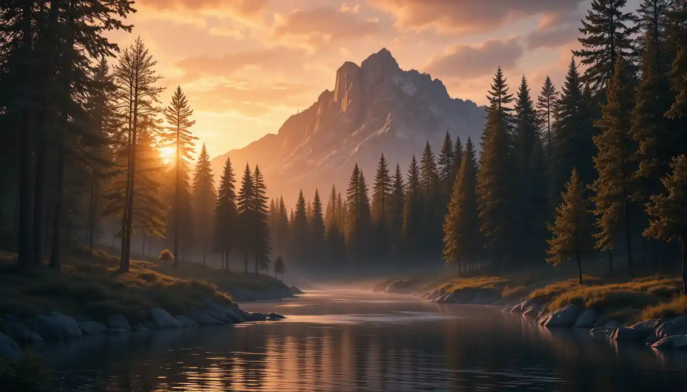 Rivière sereine en forêt au pied d’une montagne au coucher du soleil