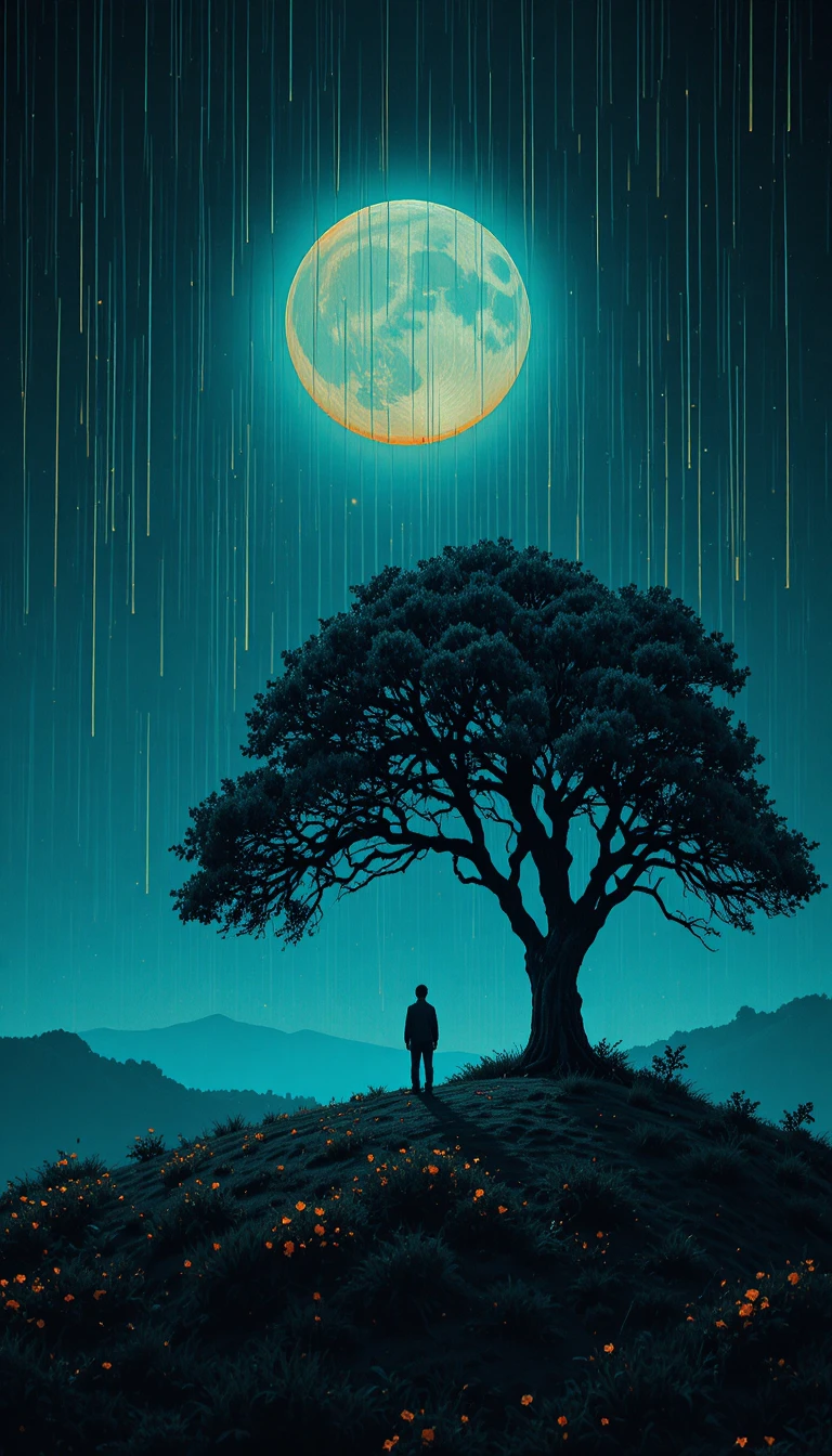 Figura solitaria en una colina lluviosa bajo una luna brillante