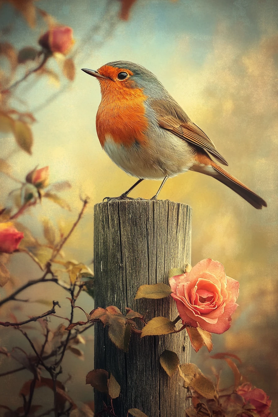 Robin singing on a wooden fence in a spring garden