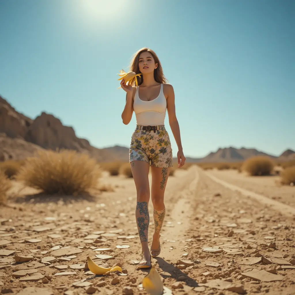 Woman walking in bright desert dropping banana peel