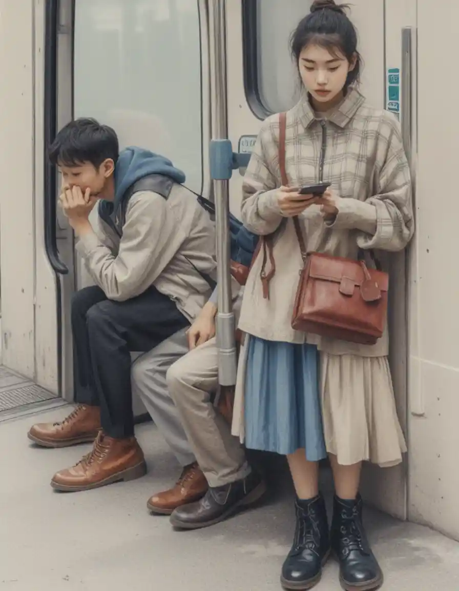 Young woman on subway between two men in muted tones
