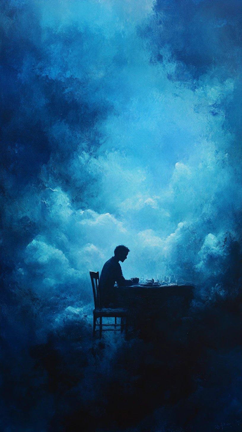 Ghostly figure adrift beneath a dark blue conceptual sky
