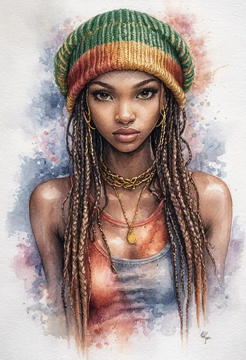 Serene portrait of a black woman in a rasta knit beanie