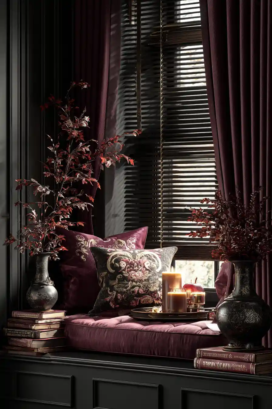 Moody still life on a garnet toned window seat