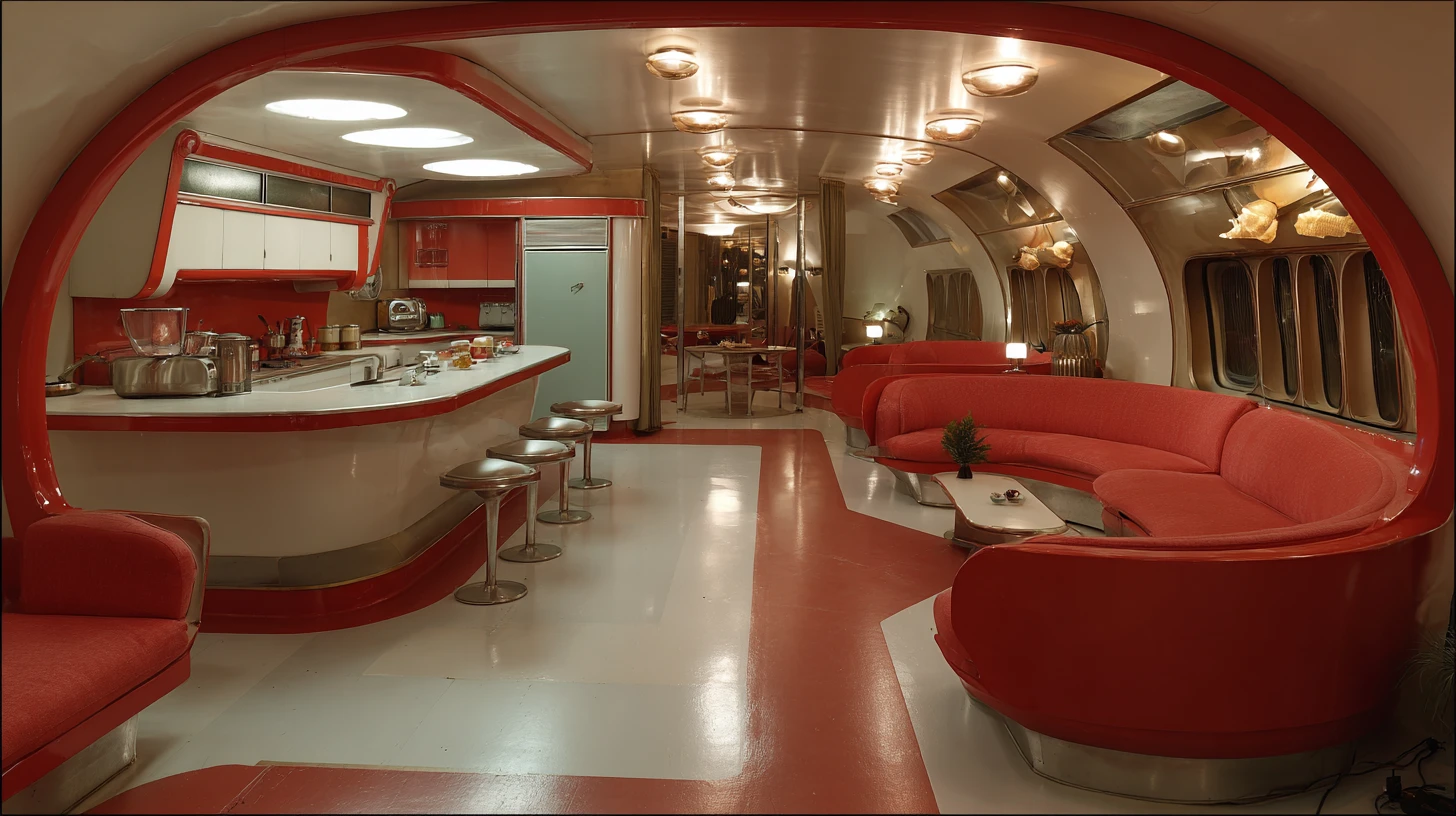 Retro futuristic 1950s automatic kitchen filled with modern gadgets