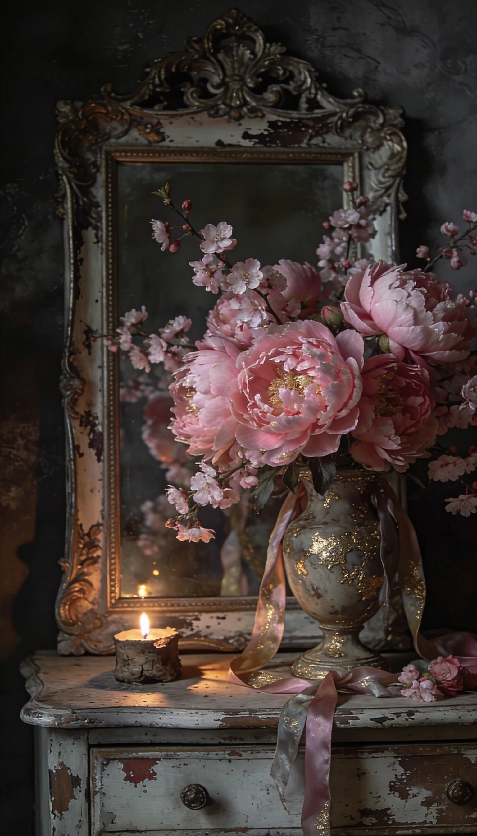 Tocador de fantasía oscura con marco vintage y jarrón de flores