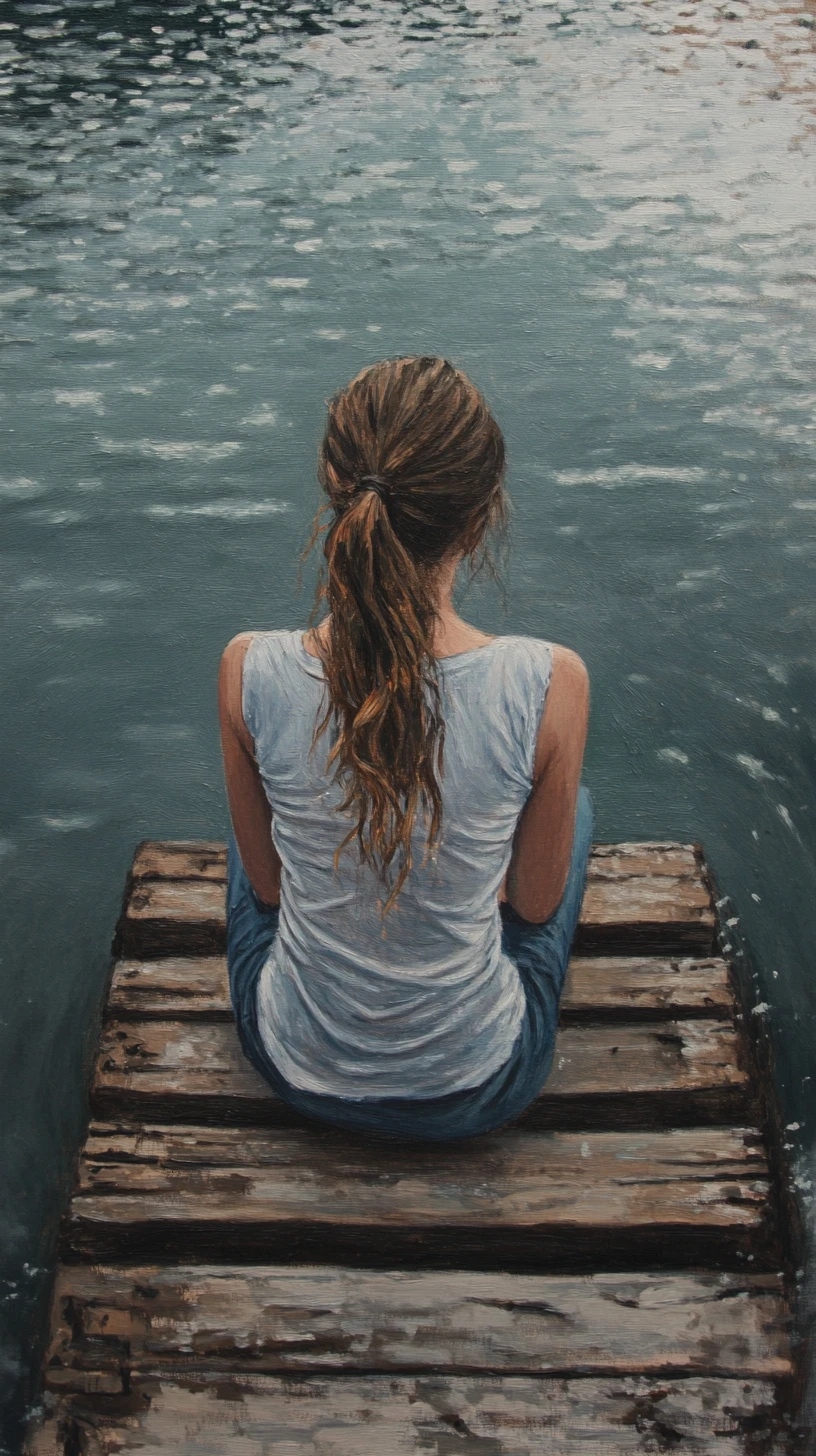 Giovane ragazza su molo di legno che contempla l’acqua calma