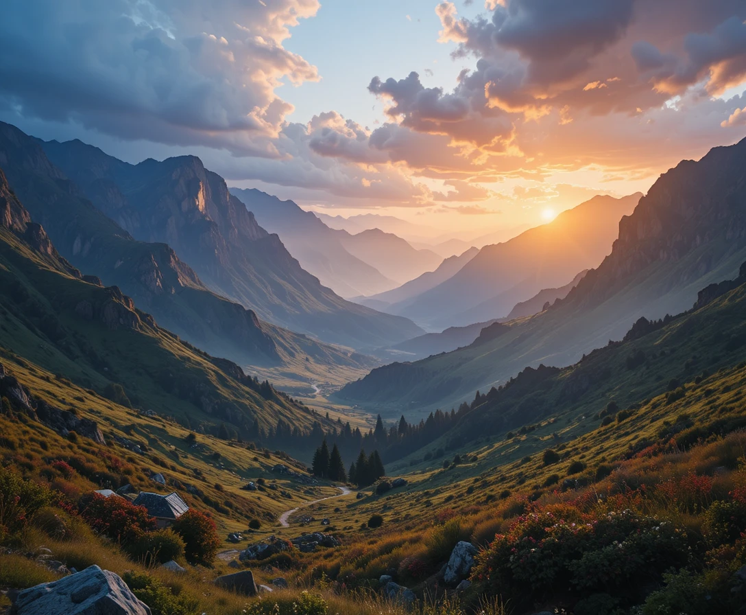 Dramatic sunrise over a tranquil mountain valley landscape