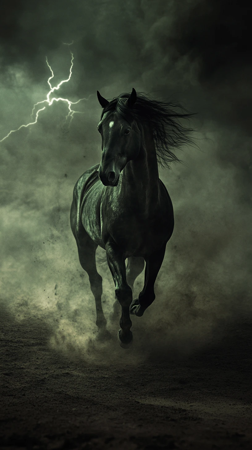 Caballo espectral de polvo negro galopando por el desierto oscuro