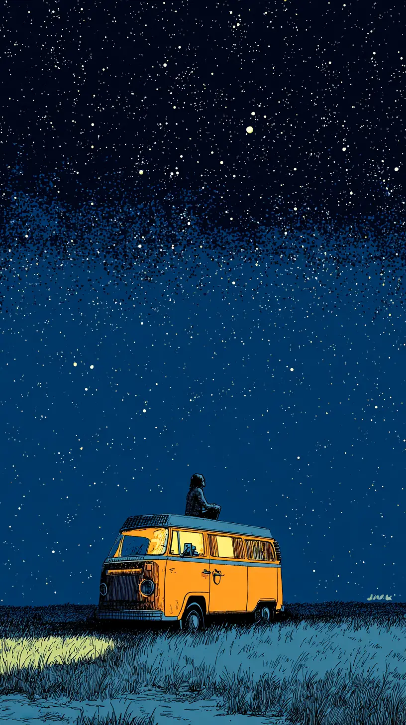 Man meditating on van roof under starry night sky