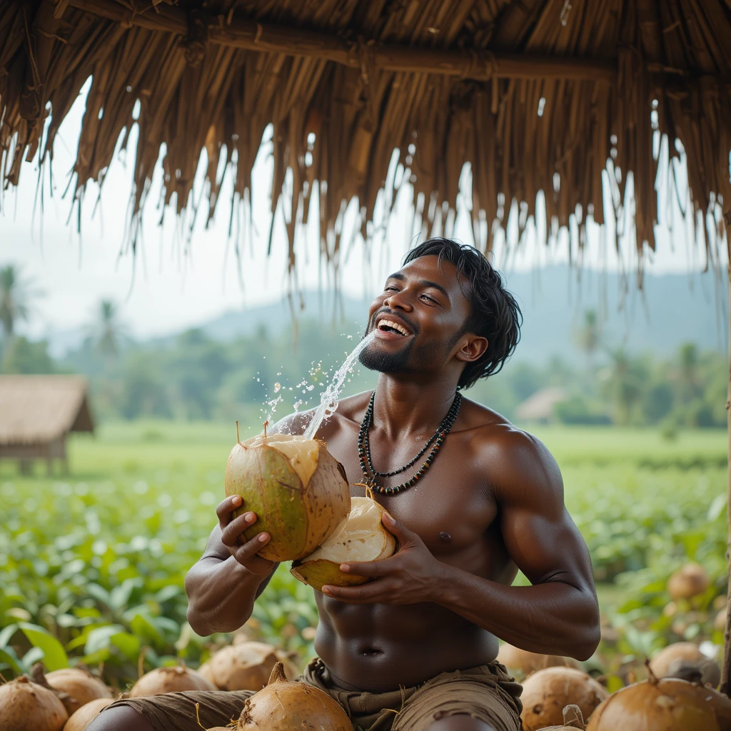 Granjero musculoso bebiendo agua de coco fresca en una granja rural