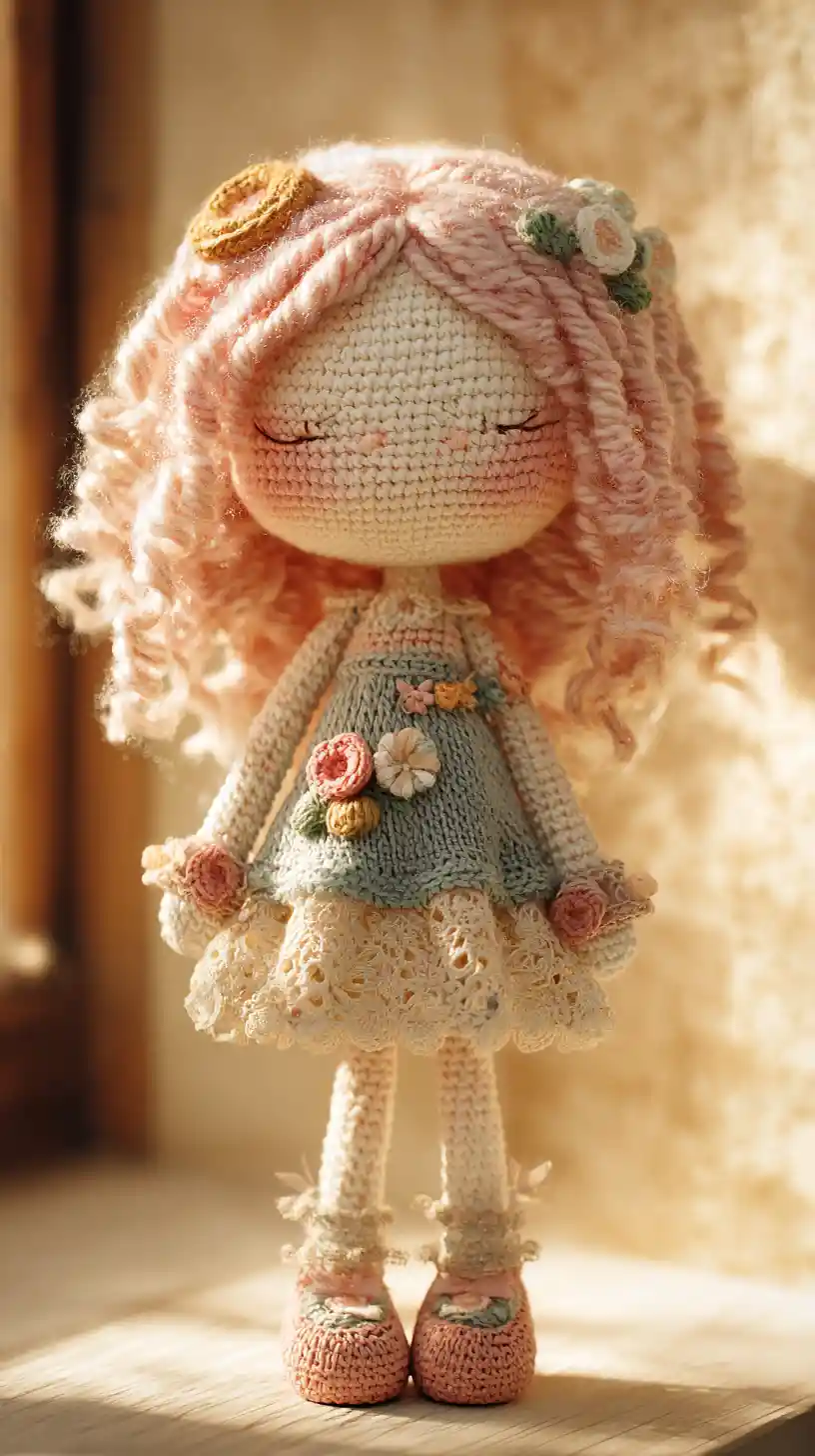 Whimsical crochet doll in a lace floral dress