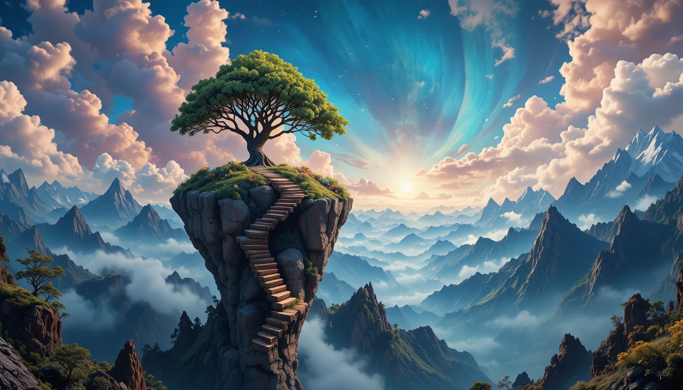 Majestätischer Baum auf schwebendem Felsen in surreal bunten Bergen