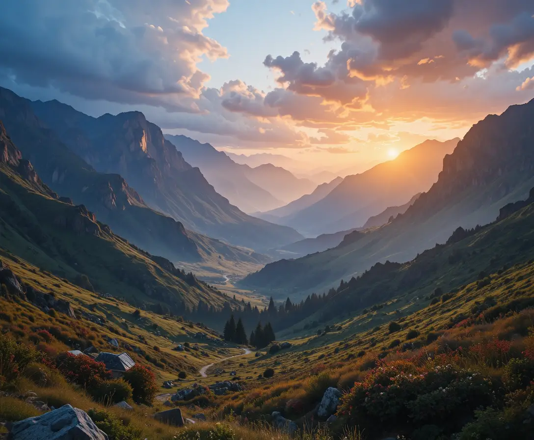 Dramatic sunrise over a tranquil mountain valley landscape
