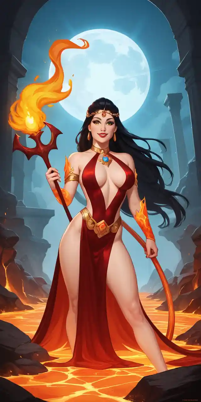 Seductive demon woman holding a fiery trident in hell
