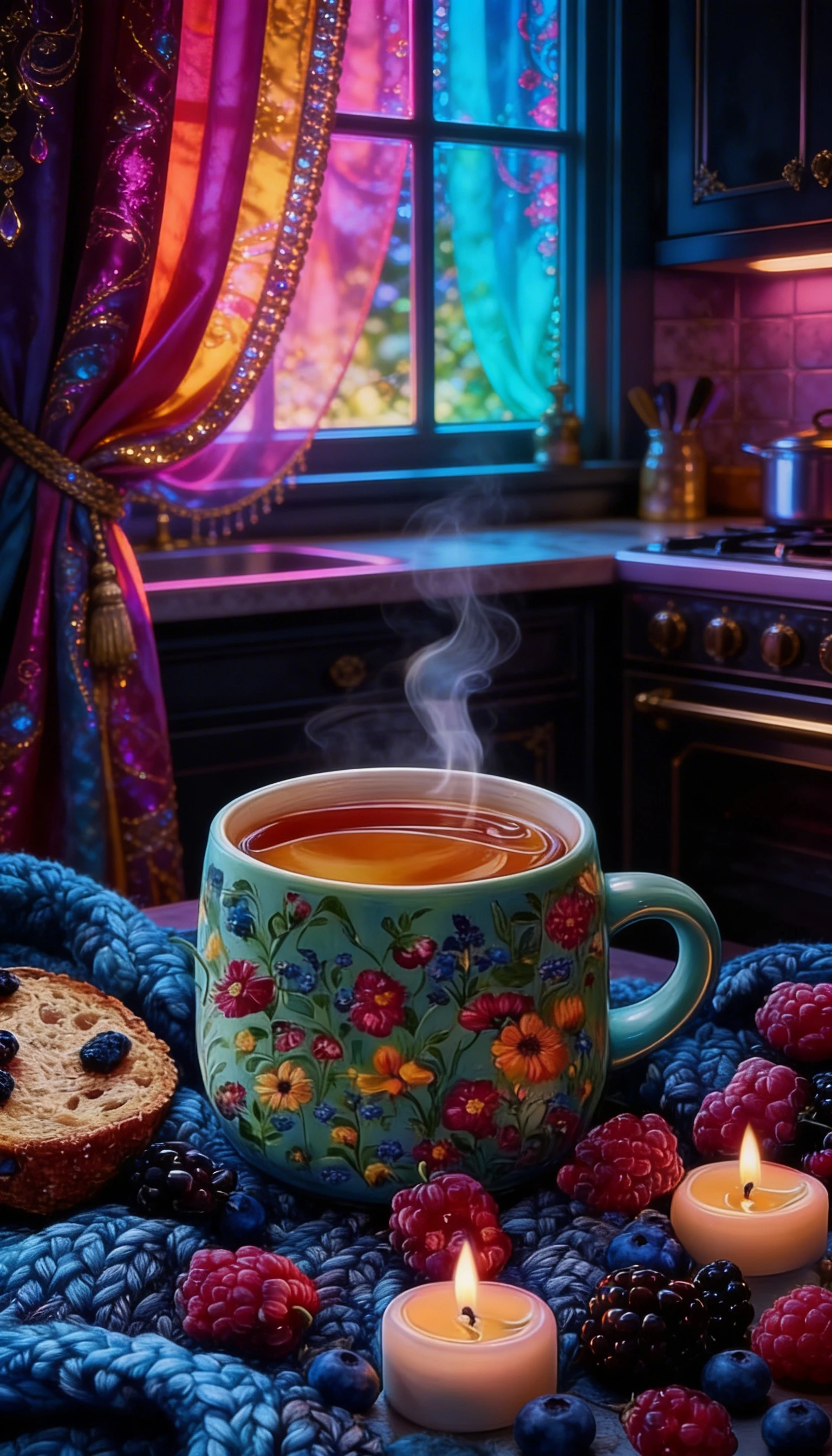 Dark fantasy kitchen table with tea and berries decor