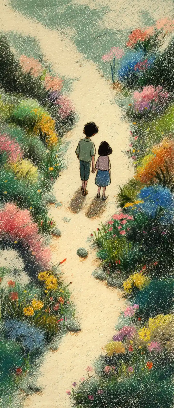 Two children waving goodbye on a forked forest path